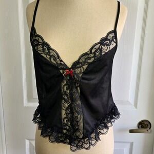 First Lady Vintage Camisole Top Size L Black Lace Mesh Nylon Ruffle Lingerie USA
